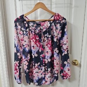 GAP Floral Chiffon Long Sleeve Peasant Blouse - Navy and Pink Size Medium